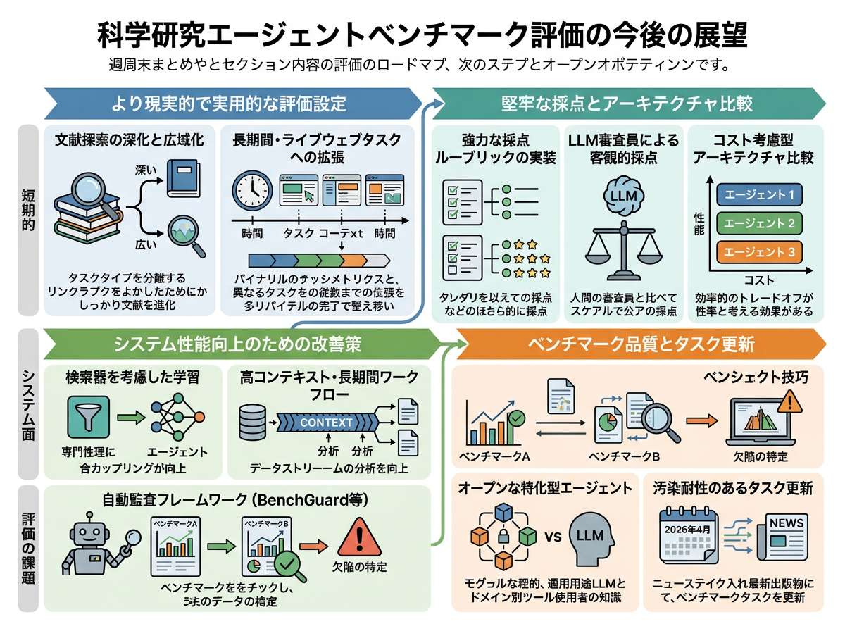 科学研究エージェントのベンチマーク評価 の展望インフォグラフィクス