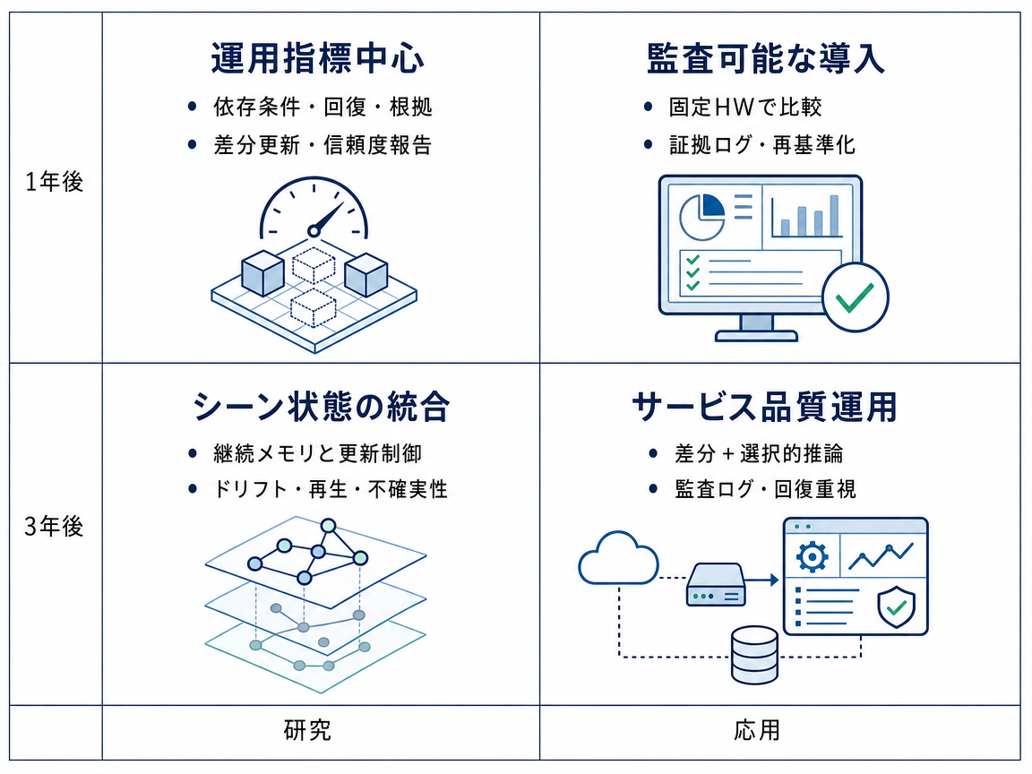 シナリオ統合の1年後・3年後 研究・応用インフォグラフィック