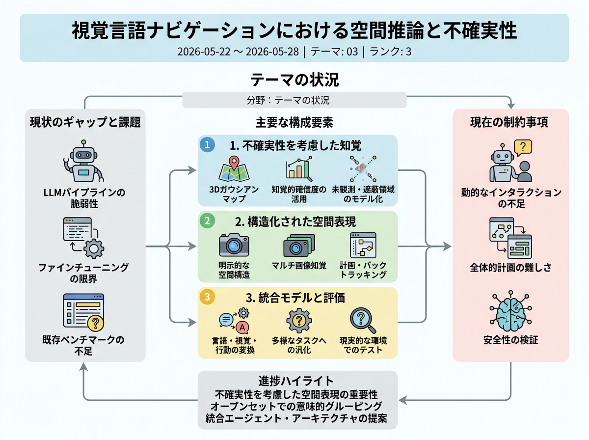 視覚言語ナビゲーションにおける空間推論と不確実性 の現状インフォグラフィクス