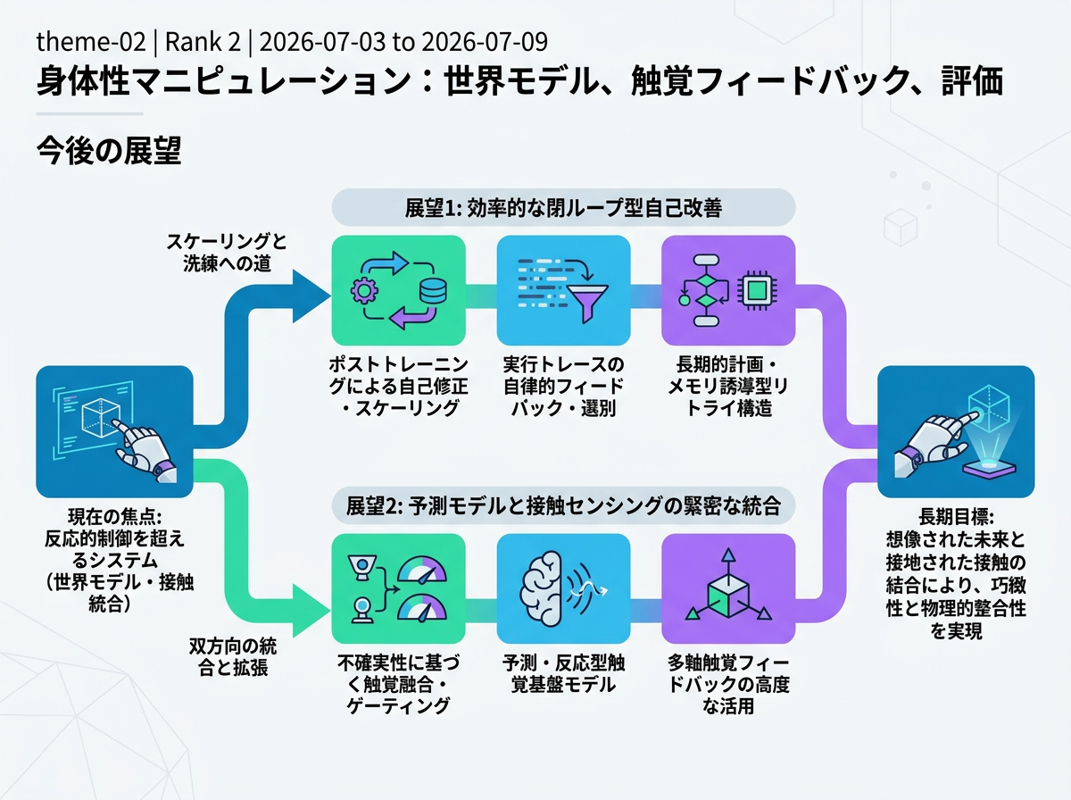 身体性マニピュレーション:世界モデル、触覚フィードバック、評価 の展望インフォグラフィクス