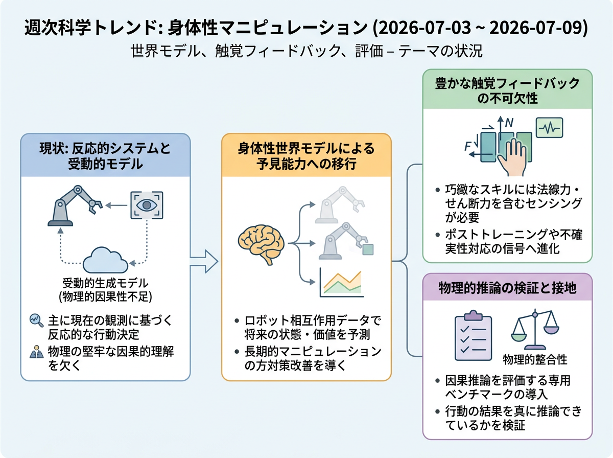 身体性マニピュレーション:世界モデル、触覚フィードバック、評価 の現状インフォグラフィクス