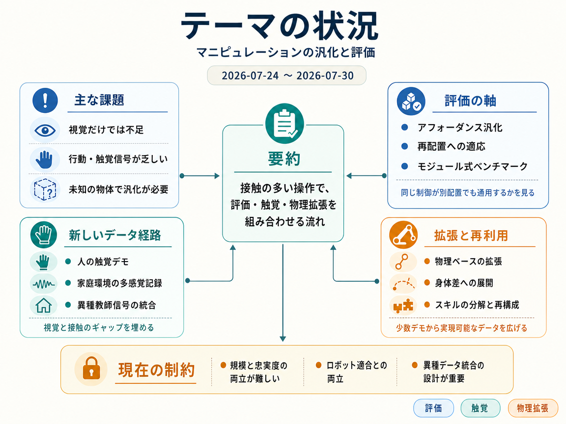 マニピュレーションの汎化と評価 の現状インフォグラフィクス