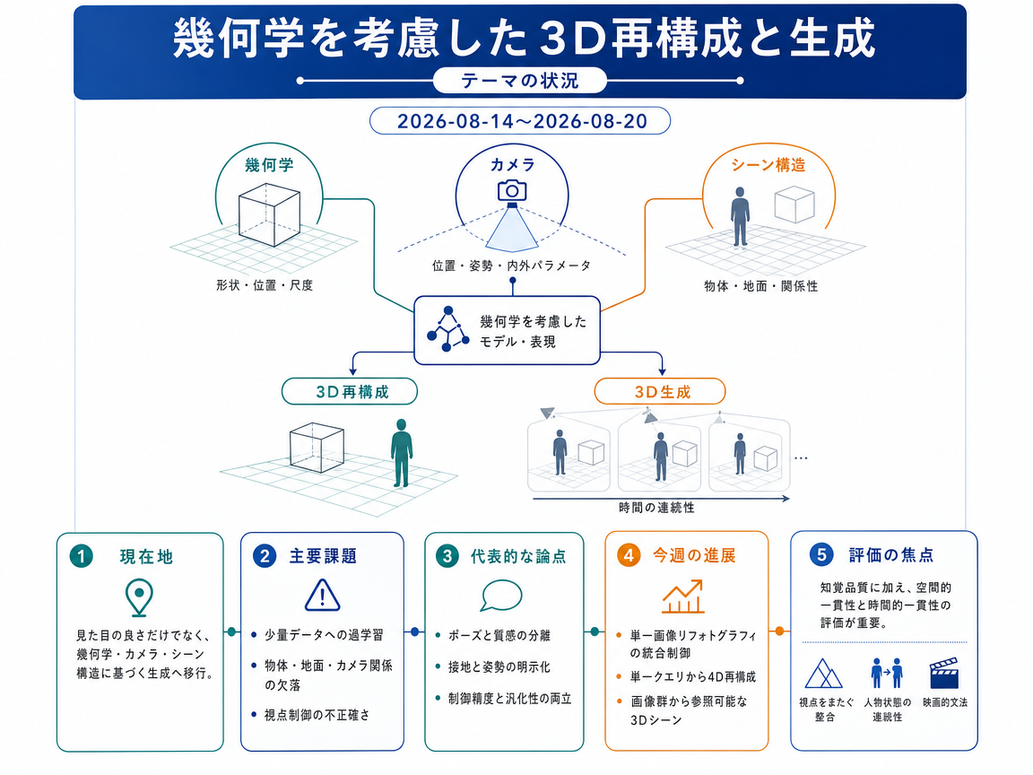 幾何学を考慮した3D再構成と生成 の現状インフォグラフィクス